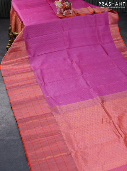 Pure kanchipuram silk saree magenta pink and orange with allover self emboss & zari buttas and long zari woven border