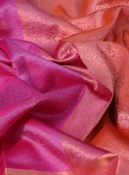 Pure kanchipuram silk saree magenta pink and orange with allover self emboss & zari buttas and long zari woven border