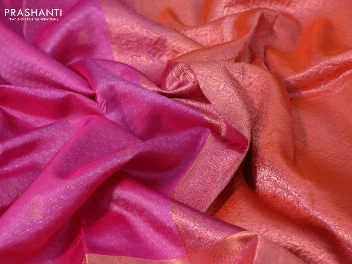 Pure kanchipuram silk saree magenta pink and orange with allover self emboss & zari buttas and long zari woven border