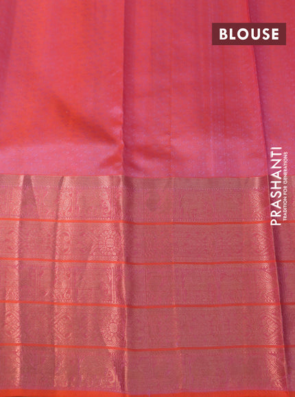 Pure kanchipuram silk saree magenta pink and orange with allover self emboss & zari buttas and long zari woven border