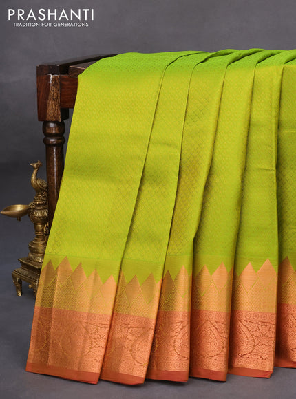 Pure kanchipuram silk saree light green and dual shade of pink with allover self emboss and rich copper zari woven border