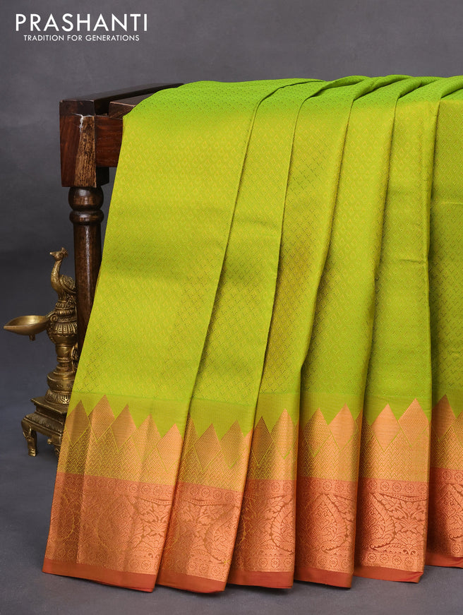 Pure kanchipuram silk saree light green and dual shade of pink with allover self emboss and rich copper zari woven border