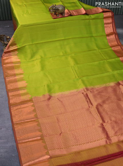 Pure kanchipuram silk saree light green and dual shade of pink with allover self emboss and rich copper zari woven border