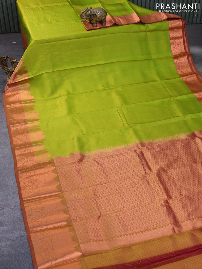 Pure kanchipuram silk saree light green and dual shade of pink with allover self emboss and rich copper zari woven border