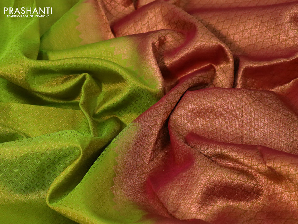 Pure kanchipuram silk saree light green and dual shade of pink with allover self emboss and rich copper zari woven border