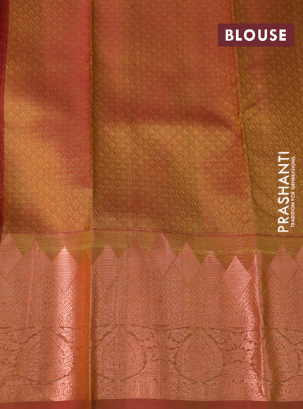 Pure kanchipuram silk saree light green and dual shade of pink with allover self emboss and rich copper zari woven border