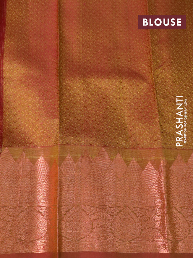 Pure kanchipuram silk saree light green and dual shade of pink with allover self emboss and rich copper zari woven border