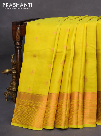 Pure kanchipuram silk saree lime yellow with copper zari woven buttas and copper zari woven border