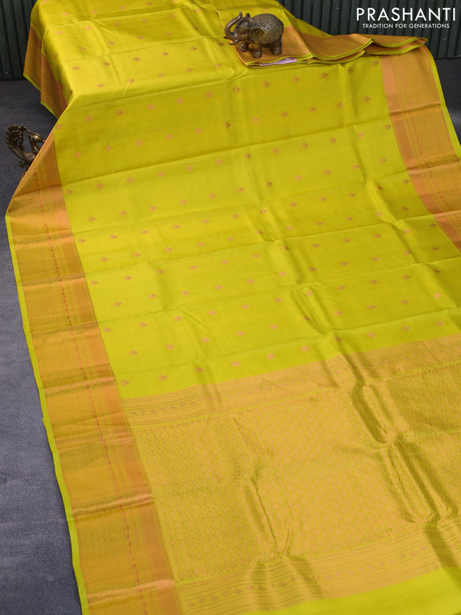 Pure kanchipuram silk saree lime yellow with copper zari woven buttas and copper zari woven border