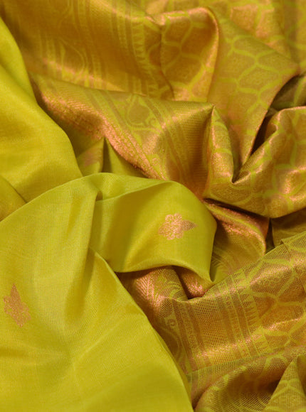 Pure kanchipuram silk saree lime yellow with copper zari woven buttas and copper zari woven border