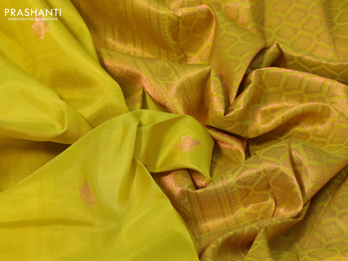 Pure kanchipuram silk saree lime yellow with copper zari woven buttas and copper zari woven border