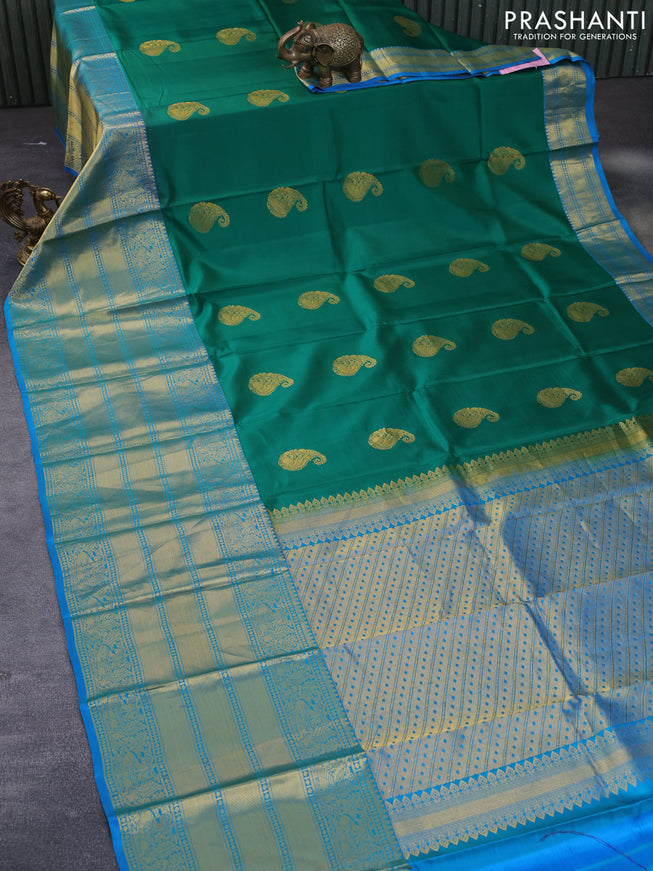 Pure kanchipuram silk saree green and cs blue with zari woven paisley buttas and long annam zari woven border