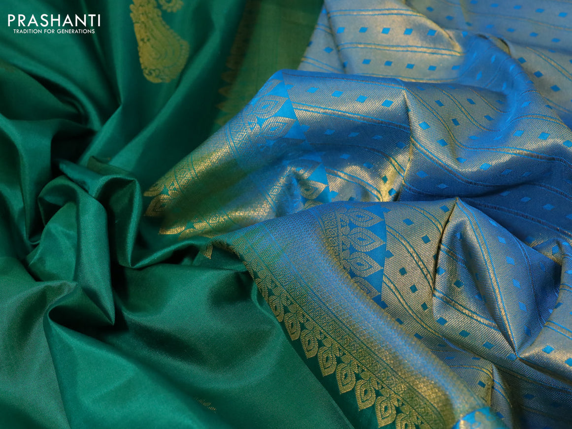 Pure kanchipuram silk saree green and cs blue with zari woven paisley buttas and long annam zari woven border