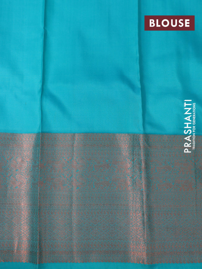 Pure kanchipuram silk saree cream and teal blue with allover copper zari weaves and long copper zari woven border