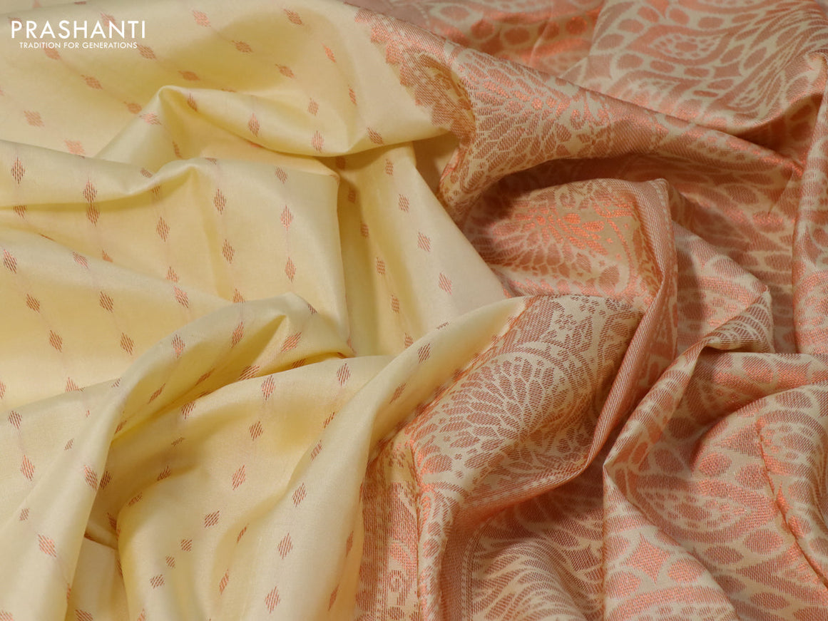 Pure kanchipuram silk saree cream and pink with allover copper zari woven butta weaves and copper zari woven border