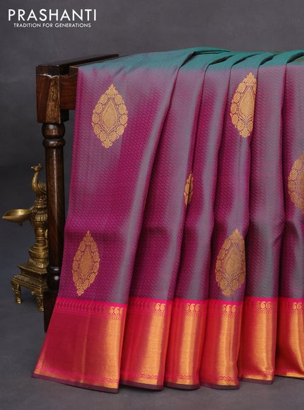 Pure kanchipuram silk saree dual shade of greenish pink and pink with allover self emboss & zari buttas and zari woven border