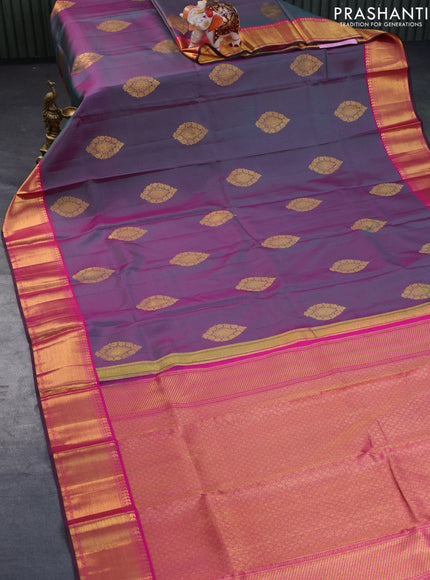 Pure kanchipuram silk saree dual shade of greenish pink and pink with allover self emboss & zari buttas and zari woven border