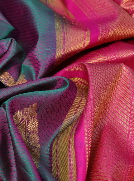 Pure kanchipuram silk saree dual shade of greenish pink and pink with allover self emboss & zari buttas and zari woven border