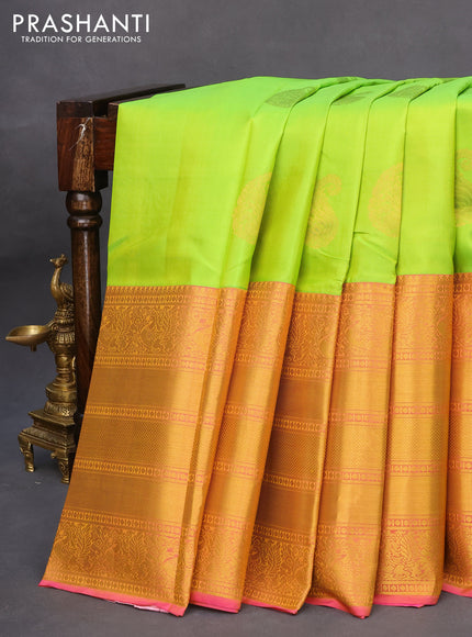 Pure kanchipuram silk saree light green and pink with zari woven paisley buttas and long zari woven annam border