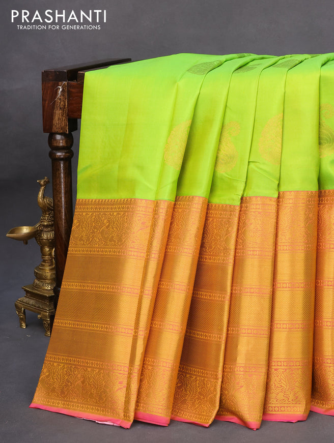 Pure kanchipuram silk saree light green and pink with zari woven paisley buttas and long zari woven annam border