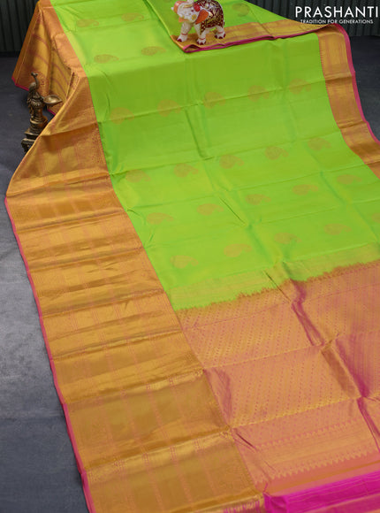 Pure kanchipuram silk saree light green and pink with zari woven paisley buttas and long zari woven annam border