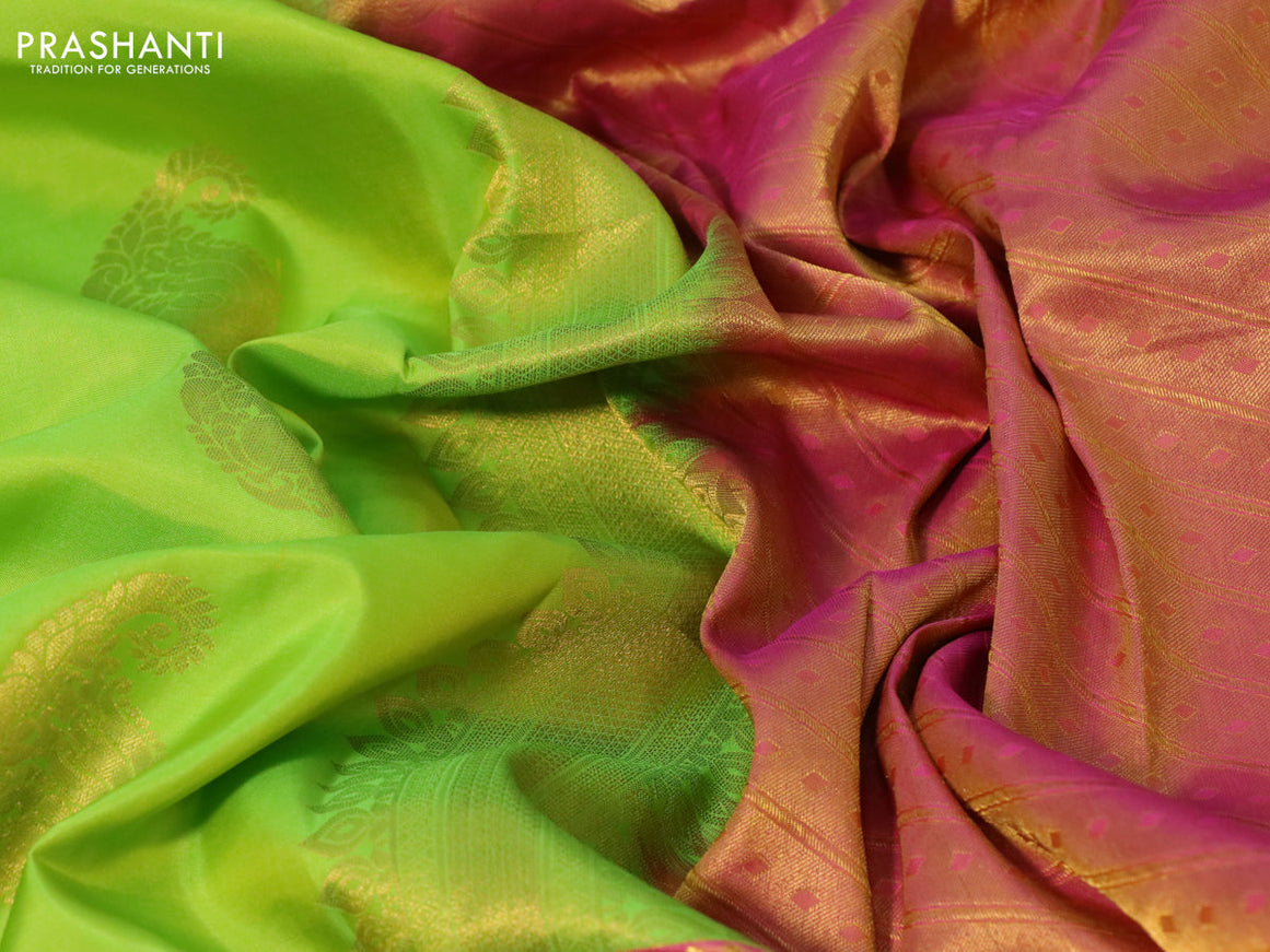 Pure kanchipuram silk saree light green and pink with zari woven paisley buttas and long zari woven annam border