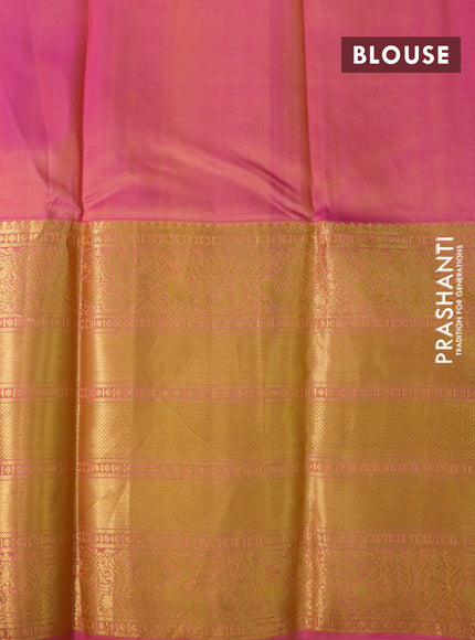 Pure kanchipuram silk saree light green and pink with zari woven paisley buttas and long zari woven annam border