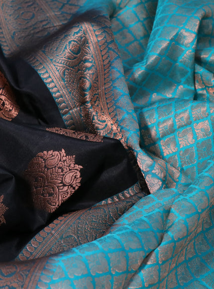 Pure kanchipuram silk saree black and teal blue with copper zari woven buttas and copper zari woven border