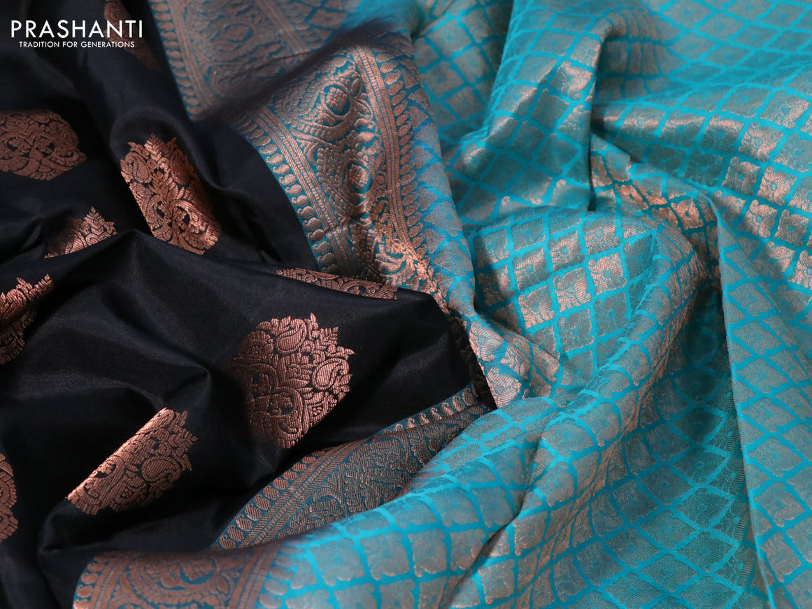 Pure kanchipuram silk saree black and teal blue with copper zari woven buttas and copper zari woven border