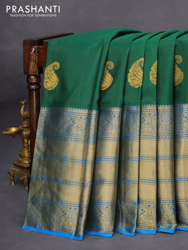 Pure kanchipuram silk saree green and cs blue with zari woven buttas and long rich zari woven border