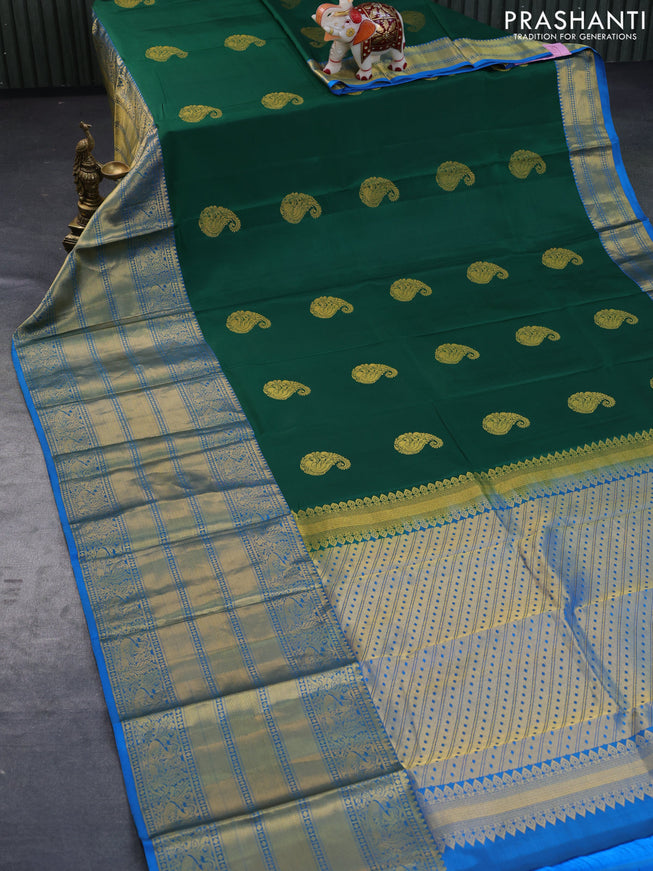 Pure kanchipuram silk saree green and cs blue with zari woven buttas and long rich zari woven border