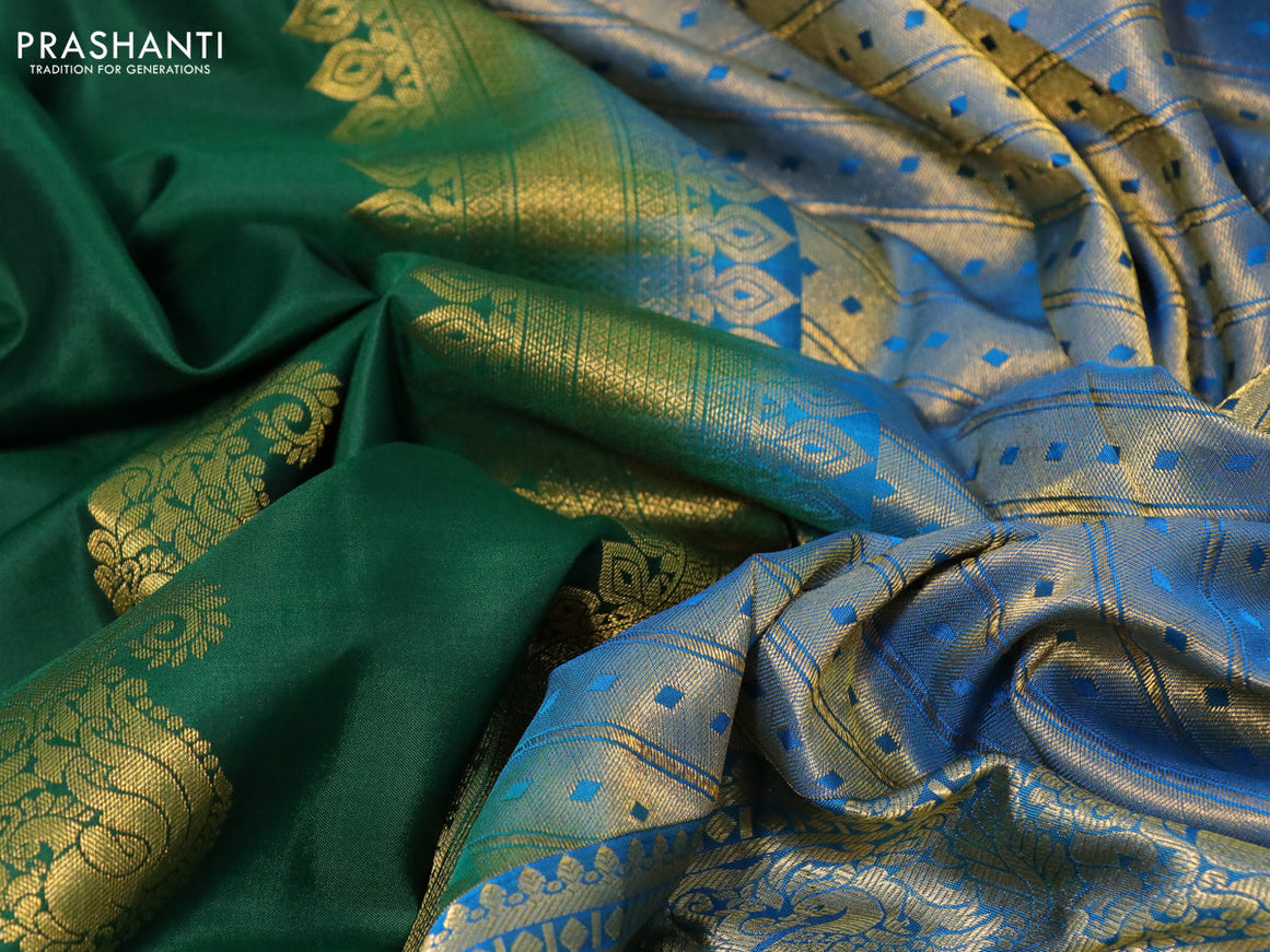 Pure kanchipuram silk saree green and cs blue with zari woven buttas and long rich zari woven border