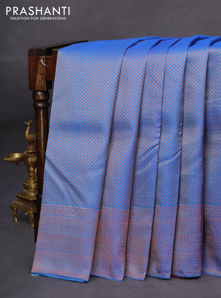 Pure kanchipuram silk saree cs blue with allover zari woven brocade weaves and copper zari woven border