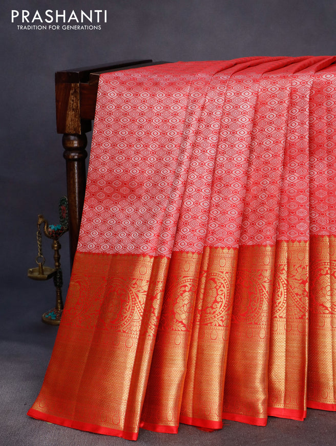 Pure kanchipuram silk saree red with allover silver zari woven brocade weaves and long rich zari woven border