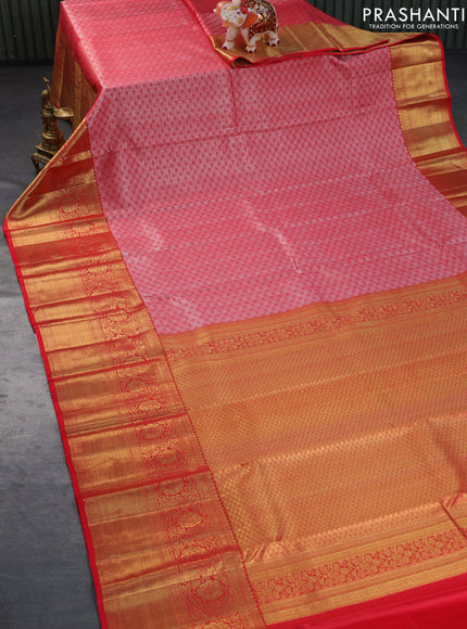 Pure kanchipuram silk saree red with allover silver zari woven brocade weaves and long rich zari woven border