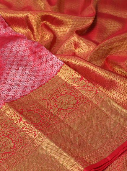 Pure kanchipuram silk saree red with allover silver zari woven brocade weaves and long rich zari woven border