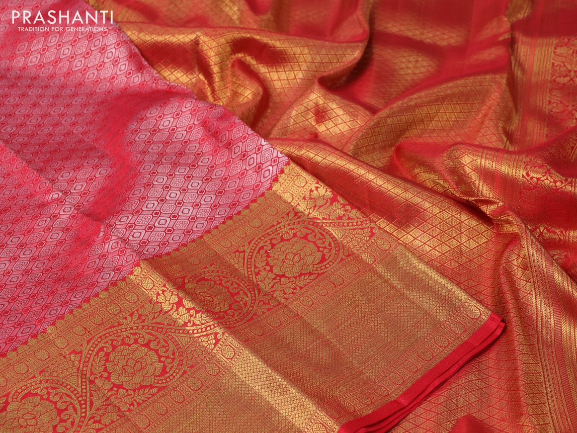 Pure kanchipuram silk saree red with allover silver zari woven brocade weaves and long rich zari woven border