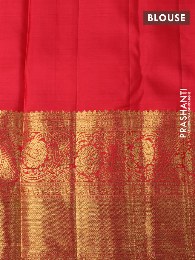 Pure kanchipuram silk saree red with allover silver zari woven brocade weaves and long rich zari woven border