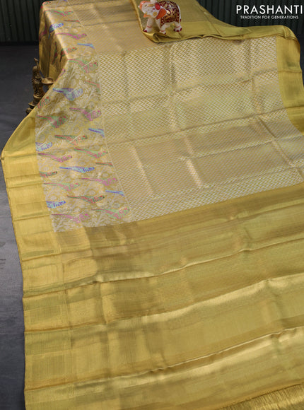 Pure kanchipuram tissue silk saree gold with allover zari woven brocade weaves and long parrot design zari woven border