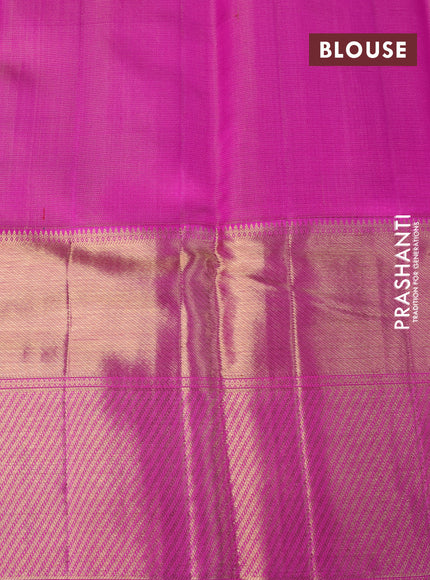 Pure kanchipuram tissue silk saree teal shade shade and pink with allover zari woven brocade weaves and long zari woven border