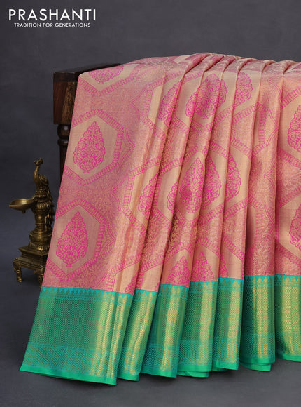 Pure kanchipuram tissue silk saree beige pink and dual shade of teal green with allover zari woven brocade weaves and zari woven border