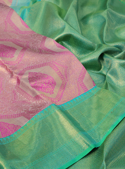 Pure kanchipuram tissue silk saree beige pink and dual shade of teal green with allover zari woven brocade weaves and zari woven border