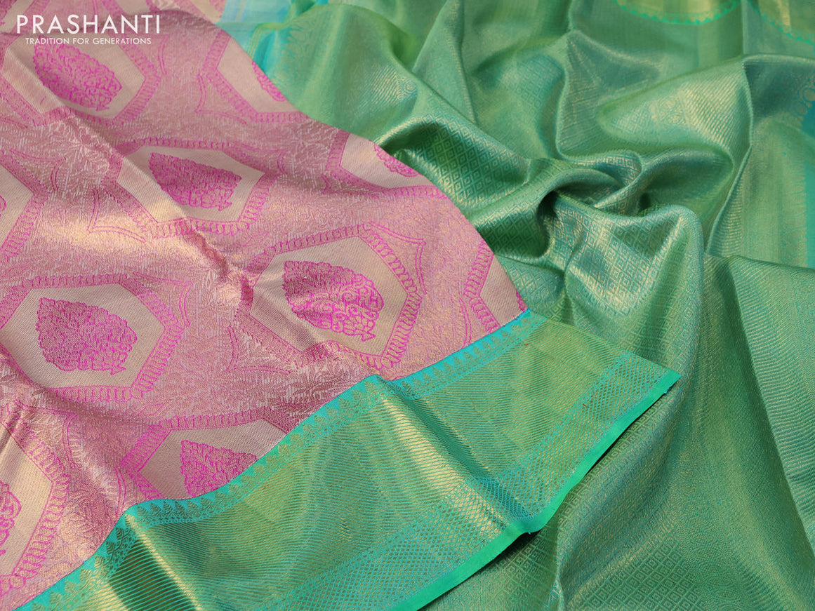 Pure kanchipuram tissue silk saree beige pink and dual shade of teal green with allover zari woven brocade weaves and zari woven border