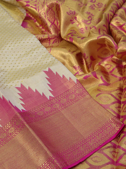 Pure kanchipuram tissue silk saree gold with allover zari weaves and temple design ganga jamuna border