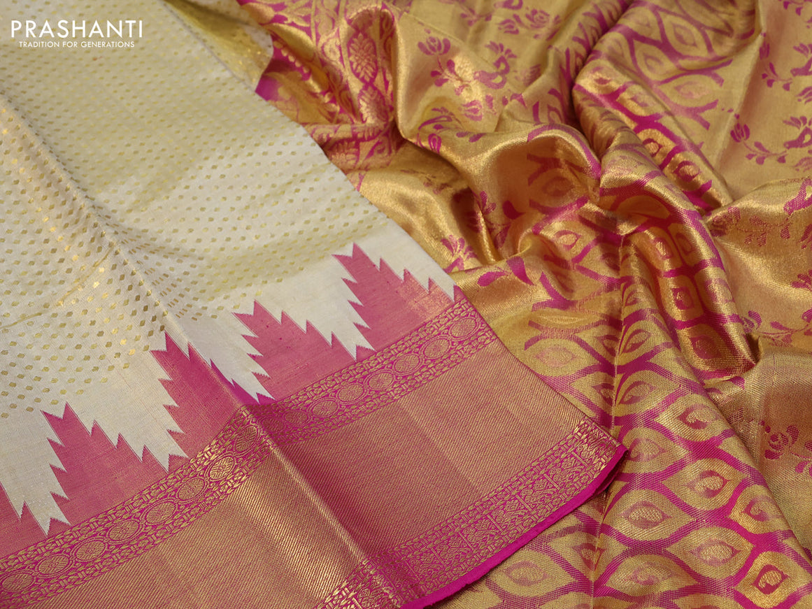 Pure kanchipuram tissue silk saree gold with allover zari weaves and temple design ganga jamuna border