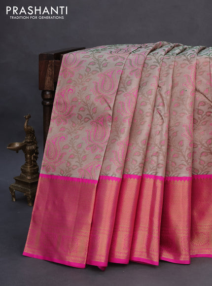 Pure kanchipuram tissue silk saree beige and pink with allover zari woven brocade weaves and long zari woven border