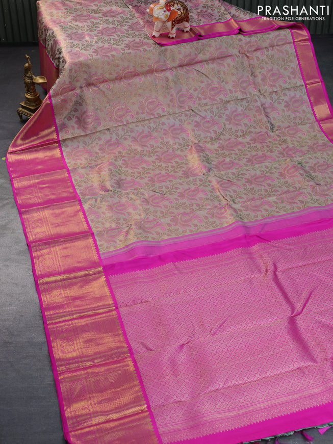 Pure kanchipuram tissue silk saree beige and pink with allover zari woven brocade weaves and long zari woven border