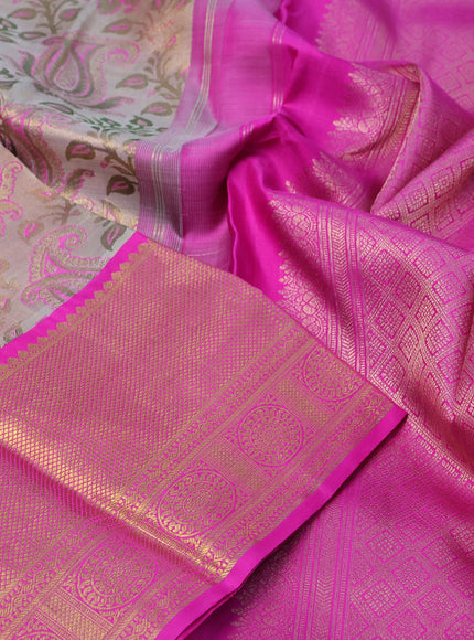 Pure kanchipuram tissue silk saree beige and pink with allover zari woven brocade weaves and long zari woven border