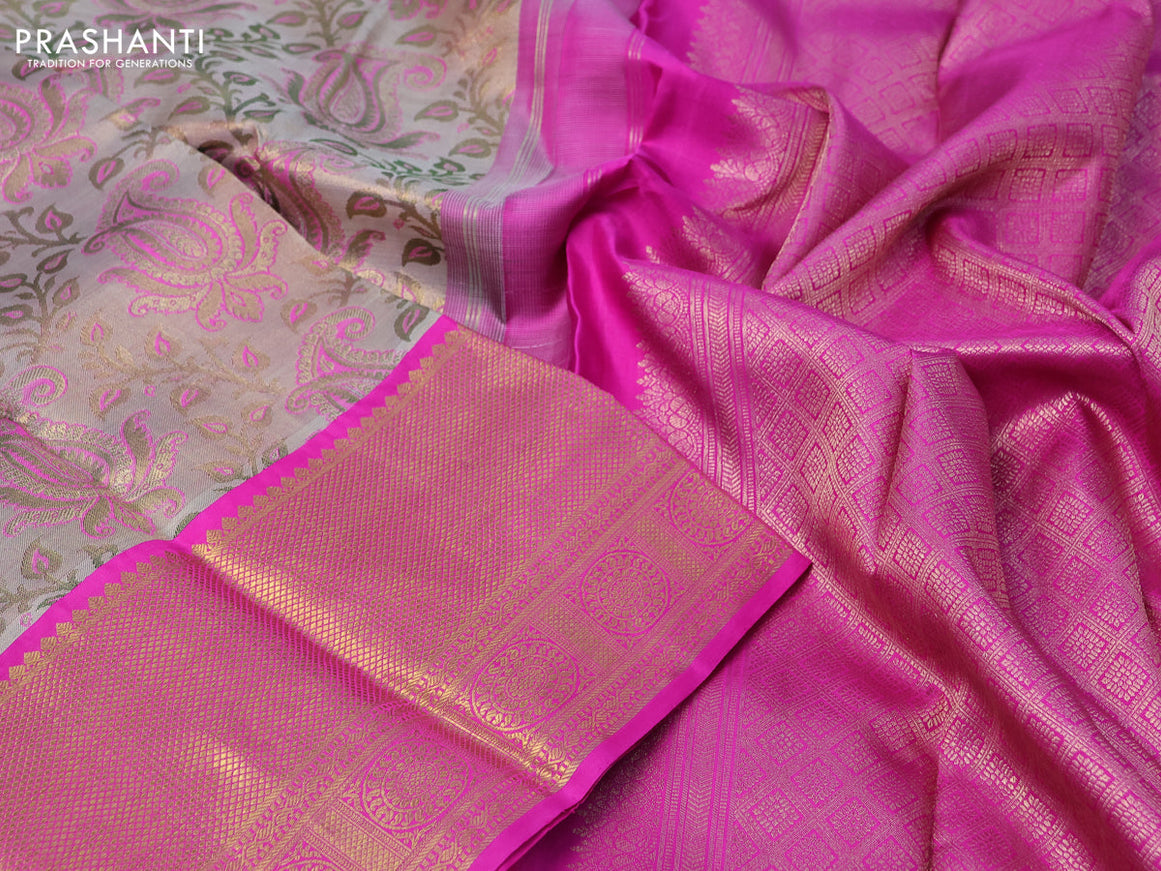 Pure kanchipuram tissue silk saree beige and pink with allover zari woven brocade weaves and long zari woven border