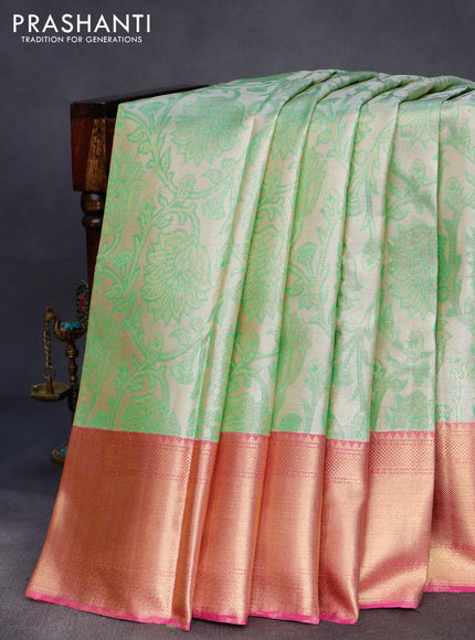 Pure kanchipuram tissue silk saree beige green and pink with allover zari woven brocade weaves and zari woven border